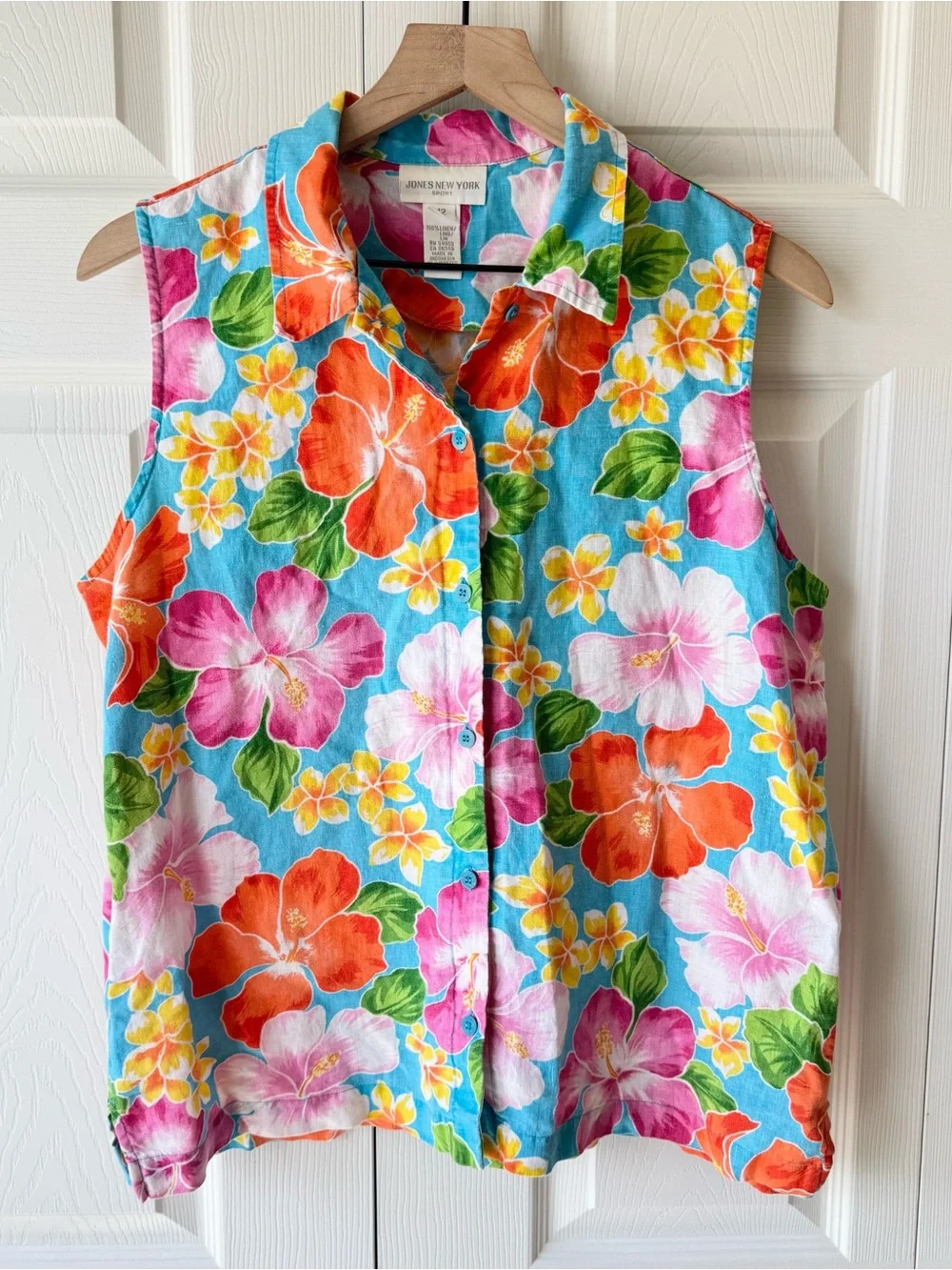 Jones New York Sleeveless Linen Button Up Boxy Top Size 12 Resort Tiki Hawaiian